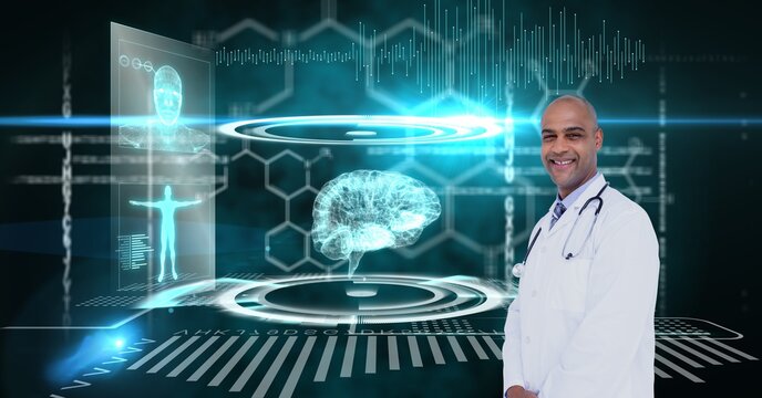 Composition of male doctor over virtual screen with medical icons