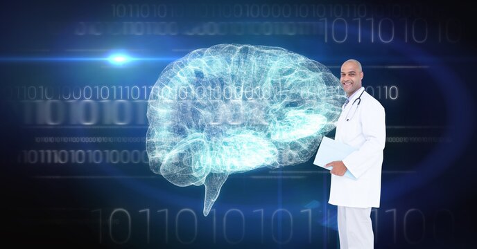 Composition of male doctor over virtual screen with brain model