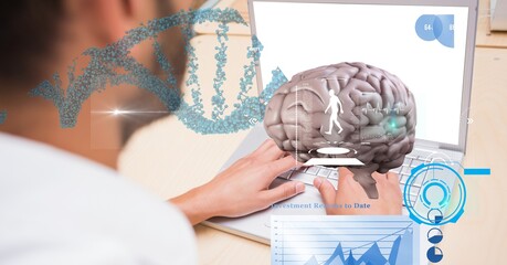 Composition of human brain and medical data processing over male doctor using laptop