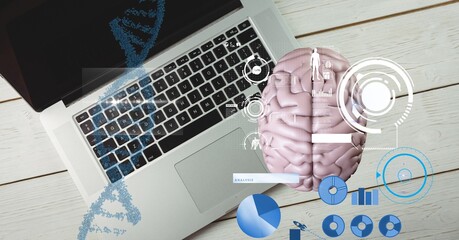 Composition of human brain and medical data processing over desk with laptop computer