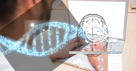 Composition of human brain and medical data processing over male doctor using laptop