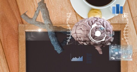 Composition of human brain and medical data processing over desk with blackboard and cup