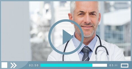 Composition of male doctor smiling on video playback interface screen