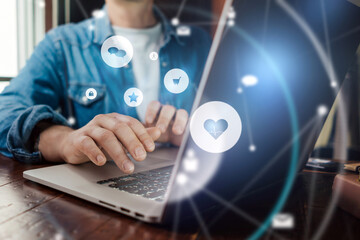 Male hands with laptop. Man working remotely at home. Concept of networking or remote work. Global business network.