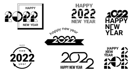 Set of flat black icons happy new year 2022, different shapes are used, and composition of numbers