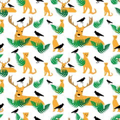 Silhouettes of a deer and a cheetah are hiding in the forest from hunters. Wild vegetation and birds shelter them from the sight of the hunter. Design for seamless patterns, applicable to textiles, dr