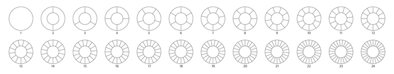 Wheel round diagram part big set. Segment slice sign. Circle section graph line art. Pie chart icon. 2,3,4,5,6 segment infographic. Five phase, six circular cycle. Geometric element. Vector