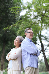 Happy old couple walking in the park