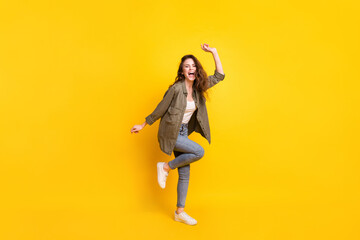 Fototapeta na wymiar Full size portrait of cheerful crazy person open mouth smile enjoy vacation isolated on yellow color background