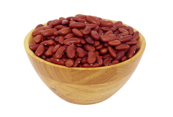 Red kidney beans in wooden bowl isolated on white background	