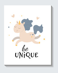 Cute sticker of running unicorn with be unique lettering on white background