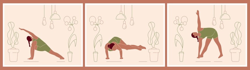 Poster set of woman doing yoga exercises and stretching, international yoga day, minimal trendy vector illustration. Girl character in yoga studio or home. Trendy vector illustration