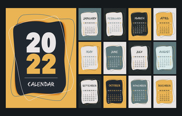 Calendar 2022 template, yellow, gray, white and black desk calendar design. Week start On Sunday, planner, stationery, wall calendar. Vector illustration