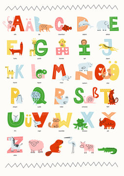 Children's educational poster alphabet with animals German language. Simple minimalistic graphics, muted light colors.
