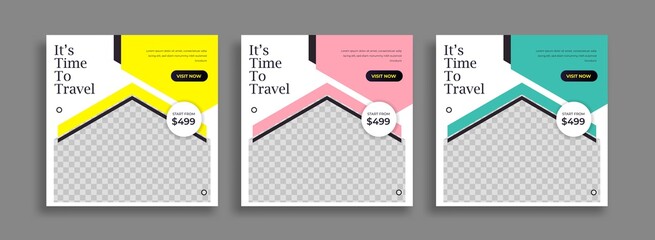 Set of Editable minimal square banner template. Blue yellow white background color with geometric shapes for social media post and web internet ads. Vector