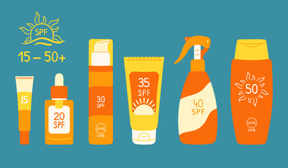 Set of sunscreen bottles, tubes with different SPF from 15 to 50. Sunscreen protection and sun safety. Sunscreen cream, lotion isolated collection. Hand drawn vector illustration.