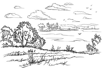 Shore bushes against the background of the lake and the sky with cumulus clouds. Line drawing