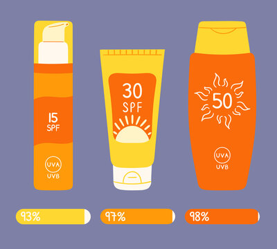 Set of sunscreen bottles, tubes with different SPF from 15 to 50. Infographic amount SPF protection that blocks UVB rays. Sunscreen cream, lotion collection. Hand drawn vector illustration.