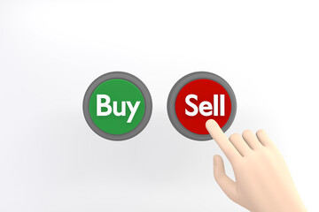 Hand pressing the red sell button on white background.3D rendering