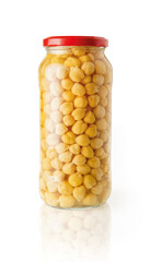 Сanned chickpeas in a full glass jar with red lid isolated on a white background. Pre cooked tasty hummus ingredient. Ready to eat legume in a glass container. Vegetarian food design element.