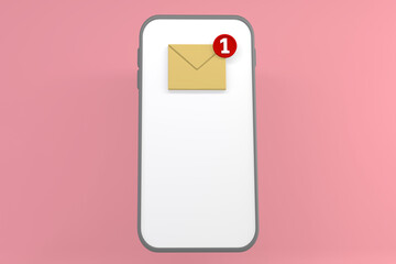 Yellow letters on the phone screen on pink background.3D rendering