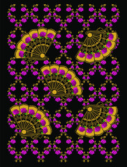 fan illustration with roses and golden leaves