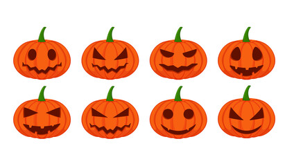 Set of pumpkins for halloween in cartoon style. Collection of different pumpkin emotions. Isolated on white background.
