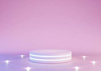 Mockup of platform award of blank product stand podium with neon lights on pastel colors background for presentation. 3d rendering illustration concept