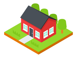 Simple Flat Isometric Red Color House Vector Illustration Icon