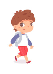 Cute smiling little schoolboy with backpack walking, view from back. Child going isolated on white background. Primary school pupil back to study. Cartoon kid vector character.