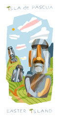 Moai statues in Easter Island on hills. Famous stone sculptures in Chile vector illustration. Travel and tourism tour with ancient mystery rock figures in South America. Architecture in nature