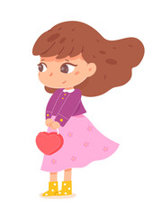 Happy girl standing with bag. Joyful smiling child in spring or autumn outdoor. Positive emotion and fun vector illustration. Cute cheerful little kid in good mood on white background