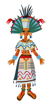Mayan woman in traditional clothes. Ancient civilisation decoration patterns in Mexico vector illustration. Tribal girl with earrings, sandals, dress and headwear on white background