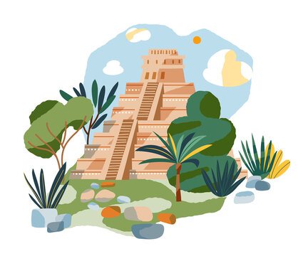 Mayan Chichen Itza temple background. Ancient civilisation icon in Mexico vector illustration. Ancient building in nature with trees and stones on white background. Wallpaper design
