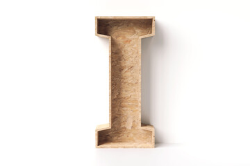 Wood letter I in the shape of an open box. Interior design and DIY and recycling concepts. High definition 3D rendering.
