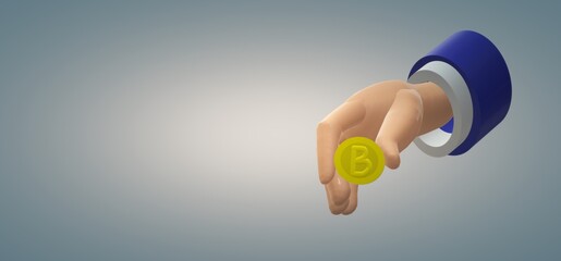 3d cartoon hand with gold bitcoin.Тechnological blockchain concept.
