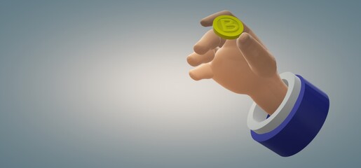 3d cartoon hand with gold bitcoin.Тechnological blockchain concept.