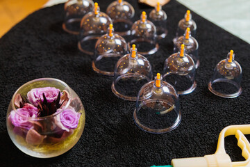 Vacuum vessels for the curative procedure of hijama bloodletting.