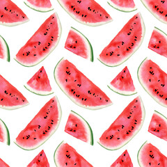 Seamless texture with watermelon slices. Watercolor pattern with bright red berries for textile and summer decor