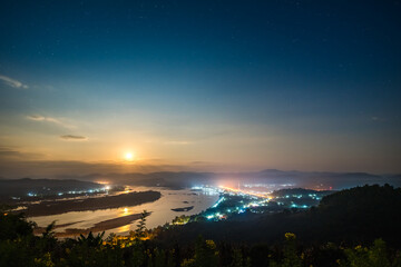 landscape of Mekong River in Night sky with the moon