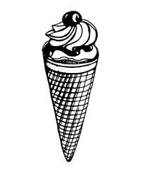 Ice cream in a waffle cone with a cherry. Vector image on a transparent background, drawn by a pen