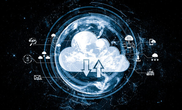 Cloud computing technology and online data storage in innovative perception . Cloud server data storage for global business network concept. Internet server service connection for cloud data transfer.