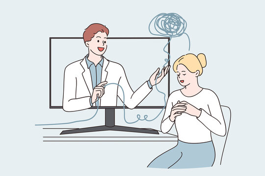 Telemedicine and online medical support concept. Young woman cartoon character sitting and getting medical support from virtual doctor online from remote visit vector illustration 