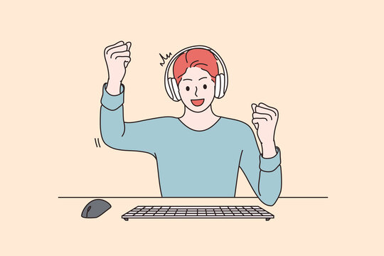 Gambling and winning victory concept. Cheerful enthusiastic happy man cartoon character gamer sitting winning computer game gesticulating vector illustration 