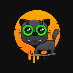 Halloween illustration with black cat on moon background.