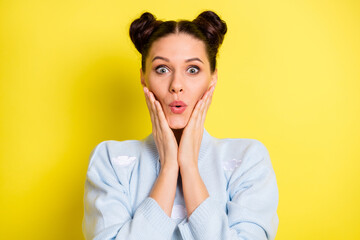 Portrait of attractive amazed girlish cheerful girl news reaction pout lips sale isolated over vibrant yellow color background