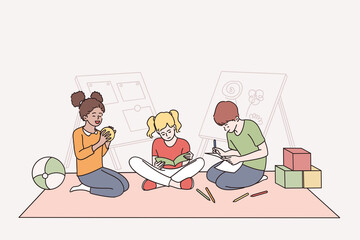 Happy childhood and mixed race friendship concept. group of mixed race children kids cartoon character sitting and playing together on floor vector illustration 