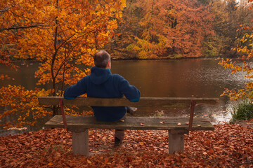 Lonely man sitting on a bench in beautiful autumn colors.