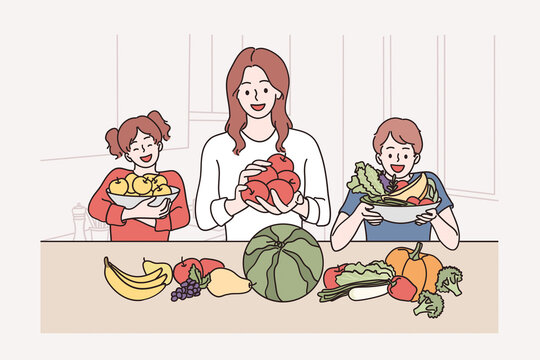 Healthy food for kids and family concept. Happy smiling mother daughter and little son cartoon characters standing preparing healthy smoothie in kitchen vector illustration 