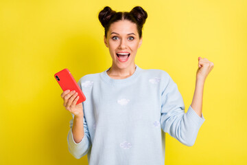 Photo of excited lady hold telephone raise fist open mouth wear blue pullover isolated yellow background